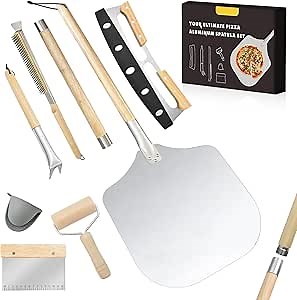 7PCS Pizza Oven Accessories Kit – Premium Pizza Making Tools Set for Home & Outdoor Ovens – Includes Pizza Peel, Oven Brush, Bubble Popper Turner, Rocker Cutter, Dough Roller & Scraper