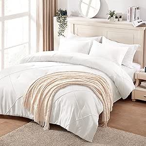 BYSURE 3 Pieces Diamond Pleated Comforter Set - Full/Queen, White - Lightweight Down Alternative Stitch Comforter (88x88) with 2 Pillow Shams for Summer