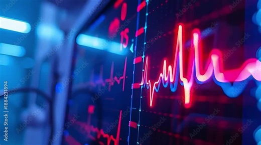 ECG waveform on a medical monitor showing heart rhythm and vital signs