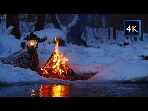 4K Campfire by the Frozen River at 14°F (-10°C) — Firelight on Calm Water | Sleep & Relaxation