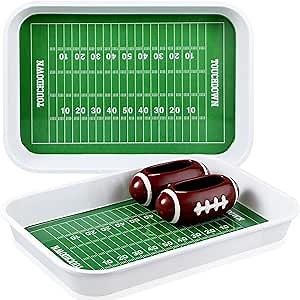Vesici 4 Pcs Football Stadium Chip and Dip Sports Serving Set with 2 Ceramic Bowls and 2 Melamine Trays for Football Tailgate Decorations