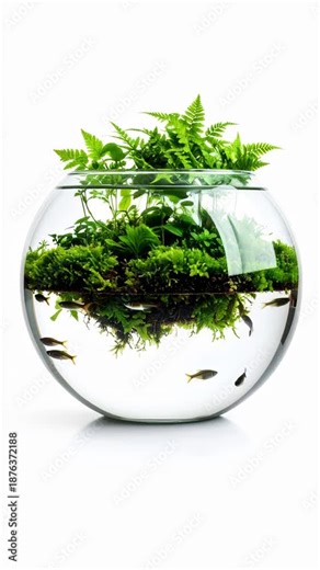 Small school of fish swimming within a round fishbowl with thriving green plants and healthy moss on bright white background.