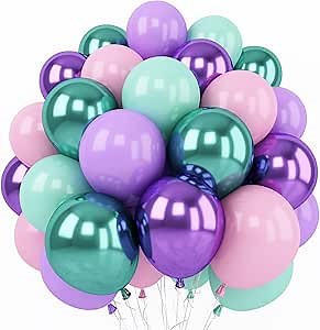 Togvu Mermaid Party Balloon Set, 60 Packs 12 Inches Metallic Purple Pink Green Blue Latex Balloons for Girls Birthday Decoration, Baby Shower, Birthday, Under The Sea Decorations QQ-5023