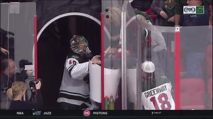 What a moment. 😭 After picking up the win in Ottawa, Devan Dubnyk takes the time to sign a stick for a young Minnesota Wild fan. | FanDuel Sports Network North