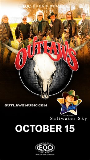 🎸 Southern Rock is alive and loud at EQC! Catch The Outlaws live at the EQC Event Center on Wednesday, October 15 🤘 🔥 Opening the night: the incredible @saltwaterskyband so get there early! From Green Grass & High Tides to fresh hits, The Outlaws bring over 40 years of legendary rock to Tacoma. 🎟 Snag your tickets now save up to 20% at the EQC Tacoma Gift Shop! #TheOutlaws | Emerald Queen Casino