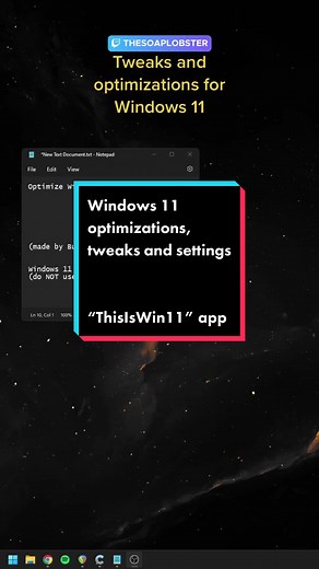 Optimize Windows 11 with these tweaks and settings. Remove bloatware. Disable telemetry. Take care of your privacy and security. Increase PC performance. Improve how the system looks visually. Clean up unnecessary stuff. This free app is called ThisIsWin11 by “BuiltByBel”. It is available on GitHub. Only works on Windows 11. Here’s my settings. Some of these settings are obviously personal preference. #optimizepc #pcoptimize #pcgaming #gamingpc #techtok #techtalk #windows11 #windowstweaks