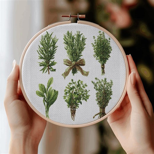 Herb Garden Cross Stitch Pattern, Botanical Embroidery, Rosemary Thyme Sage (Digital Download)