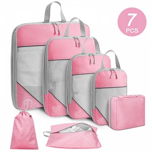 7 Set Compression Packing Cubes for Travel Essentials, Compressible Expandable Packing Cubes for Suitcase, Travel Bags Luggage Organizers Compression Cubes for Travel Carry on Suitcases, Pink