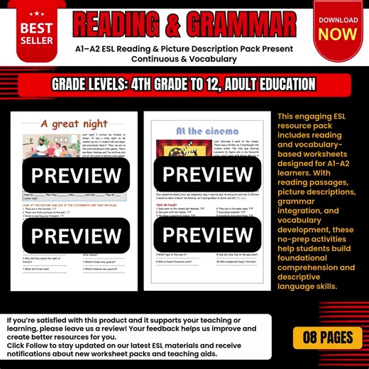 ESL Reading & Picture Description Pack Present Continuous Vocabulary Worksheets and Printable Activities - Etsy