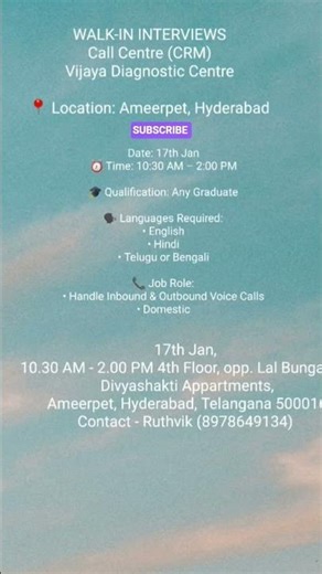 Walk-In Interview | Call Centre (CRM) | Vijaya Diagnostic Centre | Ameerpet #freshhiring