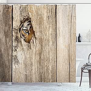 Ambesonne Savannah Shower Curtain, Siberian Tiger Eye Looking Through Wooden Peep Hole in Spy Predator Big Cat Wild Print, Cloth Fabric Bathroom Decor Set with Hooks, 69" W x 75" L, Tan