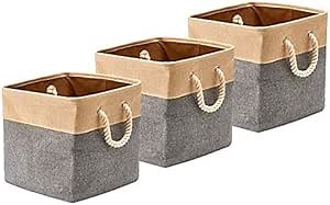 Foldable Canvas Fabric Storage Basket [Set of 3] Collapsible Organizer Bins Cubes with Cotton Rope Handles - 13 x 13 x 13 inches (Gray/Beige)