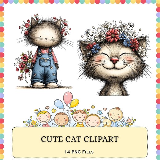 Kawaii Cat PNG Bundle | Kitten Floral Summer Theme | Pet Sublimation Design Pack