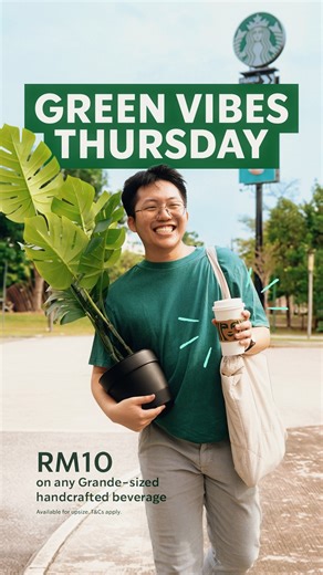 Starbucks Malaysia on Instagram: "It’s Green Vibes Thursday tomorrow! 🍃 Ready to grab your grande-handcrafted beverage for just RM10? See you all soon! 😎 Terms & Conditions: • Price is inclusive of 6% Service Tax. • Any modifier/add-on will be charged accordingly. • Not valid with any other discounts or promotions. • Not applicable for delivery service & mobile ordering. • Applicable at all Starbucks stores in Malaysia except Starbucks stores at Genting Highlands, Berjaya Hills and all airport