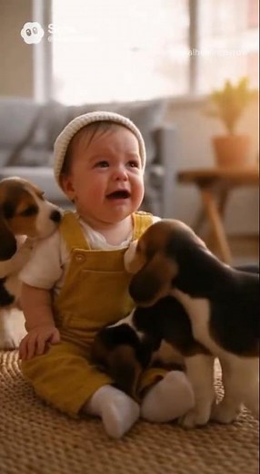 Beagles Comfort a Crying Baby with Hugs 💛#dogvideo #BeaglePuppy #CuteBaby