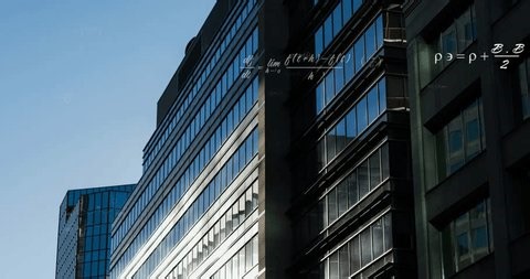 clip-3990397839-animation-mathematical-equations-floating-over-tall-building