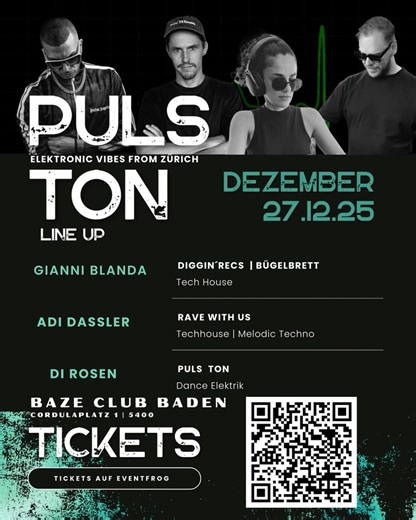 PULS TON on Instagram: "Baden bekommt neuen Sound! Mit Puls Ton startet ein frisches Event-Label, das elektronische Musik, kreative Vibes und gute Energie vereint. Zum ersten Mal bringen wir den Puls der Nacht direkt nach Baden – mit treibenden Beats, sattem Sound und einer Atmosphäre, die elektrisiert. Im Line stehen : @gianniblandamusic @adi.dassler @ey_di_rosen @dirosen_em TICKETVORVERKAUF ist ab jetzt möglich auf Eventfrog. Lass uns gemeinsam feiern, und bis spät in die Nacht gemeinsam Tanze