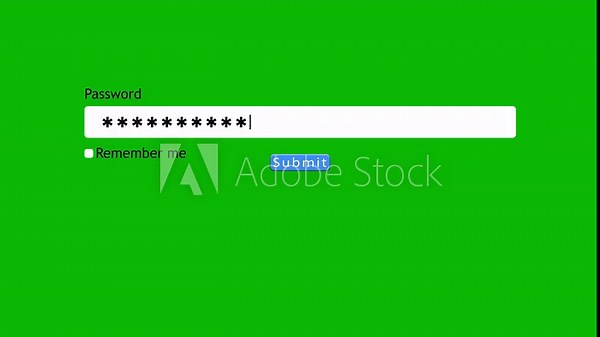 User types a password into a website's form box on a computer screen with a green background. The submit button is visible, inviting action after password entry.