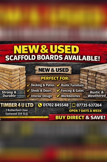 🔨 NEW & USED SCAFFOLD BOARDS AVAILABLE 🔨 Top quality scaffold boards now in stock, perfect for a wide range of building projects and rustic creations. Sizes & Prices: • 2.4m – £8 • 3m – £10 • 3.9m – £12 Our used scaffold boards are carefully selected and still extremely strong and durable. They have that natural weathered look that makes them perfect for rustic and industrial-style projects. Each board has its own character, with unique grain patterns and marks that add to the authentic reclai