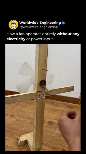 WORLDWIDE ENGINEERING 🌍 on Instagram: "Ingenious simplicity in motion. In this clip a person builds a fully functional fan using just wooden parts and elastic bands no electricity or batteries required. The stored tension in the bands provides enough energy to spin the blades continuously demonstrating how mechanical principles can replace modern power sources. Every rotation is powered purely by clever design and physics. This shows that sometimes the smartest engineering is not about electron