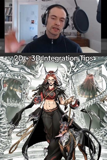 Here’s two key tips for integrating a 2D character with a 3D background: 1 - Try to match the amount of information more closely between the 2D and the 3D. 3D can easily get quite complex with layered reflections, dense textures and the like. If you have a bunch of hue variation in tour render, you might want to introduce it in your 2D. If you have simple reflections in your 2D, you might want to simplify them in your 3D. 2 - Overlay your ENTIRE image with some global adjustments. Maybe a 2% mul