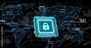 Animation of padlock icon and data processing with circuit board