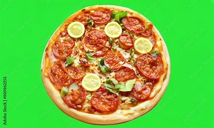 Top shoot delicious circle pizza with spinning animation on green screen backdrop