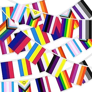MARFOREVER 100 Pcs 105 Feet Pride Flags Banners, Gay Rainbow Banner String Lesbian Pansexual Bisexual LGBTQ Pennant Flags Bunting for Home Garden Bars Pride Month LGBT Party Decorations, 10 Styles
