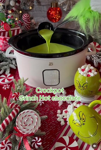 Grinch Hot Chocolate Ingredients: 💚6 cups of milk ( I prefer whole) ✨2 cups white chocolate chips 💚1 1/2 cups heavy whipping cream ✨14 oz can of sweetened condensed milk 💚2 tsp vanilla extract ✨Lime green Gel food coloring Add all ingredients to your crockpot, stir occasionally and simmer for about 2 hours till chocolate is melted and a thin milk consistency. ✨ Good in the refrigerator for 3-4 days #christmas #grinchmas #thegrinch #christmastiktok @allthingjami #grinch #christmasrecipe #crock