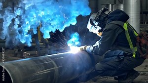 Professional heavy machinery worker welding in industrial setting during nighttime shift