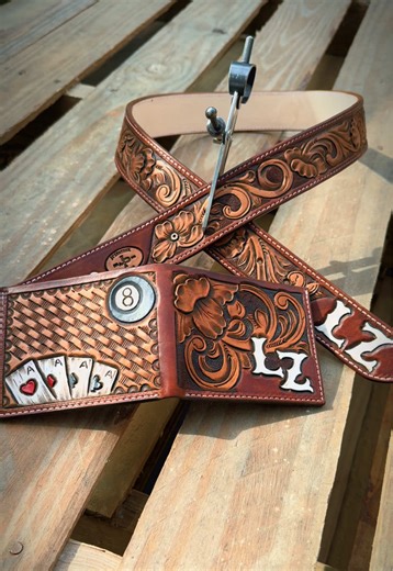 Custom belt and wallet set completed on dark brown. #fyp #leathercraft #customleather #handmade #texaspipeliner