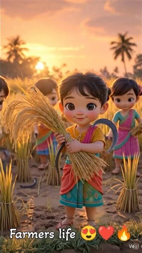 Traditional Paddy Harvesting Process 🌾| Ai generated #shorts #chibikids