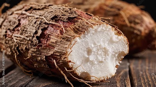 Detailed shot of a raw taro root also known as cocoyam or dasheen with its rough brown skin and a clean cut exposing the creamy white flesh ready for cooking and traditional recipes presented on a ru.