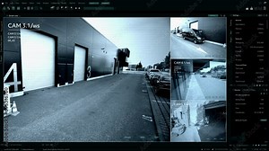 CCTV Security Camera Outside Logistics Retailer Warehouse with Cars Parked and Delivery Truck Driving. Storehouse Delivery Concept: Online Orders, Purchases, E-Commerce Goods, Retailer Products, Goods