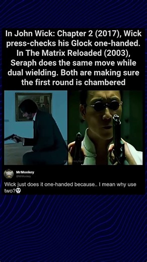 In John Wick: Chapter 2 (2017), Wick Press-Checks His Glock Like Seraph in The Matrix Reloaded