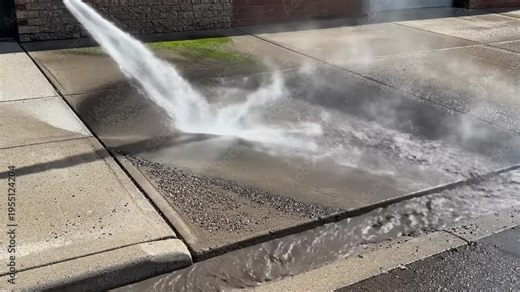 Power washing a sidewalk: cleaning concrete with high-pressure water and removing dirt and debris