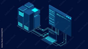 Concept of big data processing center loopable concept. Isometric Data center. Hosting server or data center room concept. 4K seamless loop video footage.