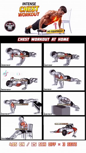 No Equipment Chest Workout 💪 Build Your Chest at Home! Train your chest anywhere with this no equipment chest workout! Perfect for home workout, this routine uses push up variations to target upper, middle, and lower chest. Build strength, muscle, and endurance without weights. Try 2–3 rounds for maximum results 💥 #ChestWorkout #HomeWorkout #PushUpWorkout #BodyweightWorkout #NoEquipmentWorkout