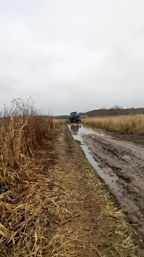 Blue Tractor Navigates Muddy Rural Path