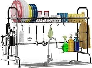 Over Sink Dish Drying Rack, Warmfill Stainless Steel Over Sink Dish Rack with Utensils Holder, Cutting Board Holder & Sponge Holder, Rustproof Stable Over Sink Shelf for Kitchen Counter, Black