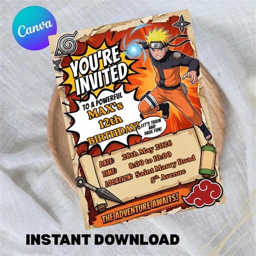 Naruto Birthday Invitation Editable Canva Template | Anime Ninja Party Invite | Kids Boys Birthday Card | Digital Download - Etsy