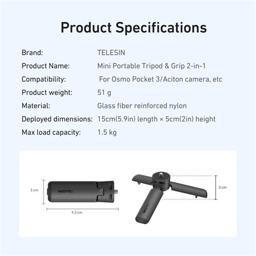 TELESIN 2 In 1 Mini Quick Release Tripod Hand grip For DJI 0smo Pocket 3 GoPro Insta 360 DJI Osmo Action Camera Mobile Phone Stabilizer Gimbal Desktop Tripod With 1/4 Screw Adatper | Lazada PH