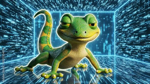 Dynamic Digital Gecko Character Crawling in a Glowing Data Tunnel, ideal for technology advertisements and gaming promotions.