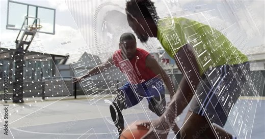 Ball-handler initiating crossover bypassing defender on rooftop basketball court with motion lines
