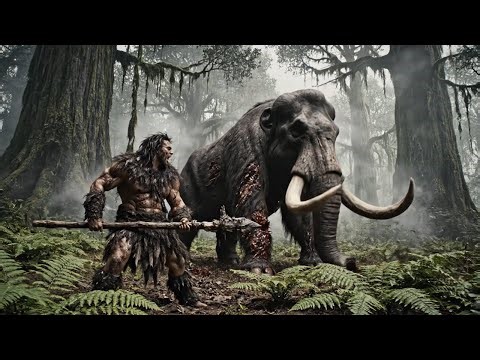 Primitive Humans 3 Million Years Ago Hunting Giant Saber-Toothed Elephants in Misty Primeval Forests