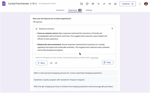 🆕 Use AI in Google Forms to summarize key takeaways and themes from your form's responses. Try it out now in Workspace Labs! 👉 https://goo.gle/43gaIJB | Google Workspace