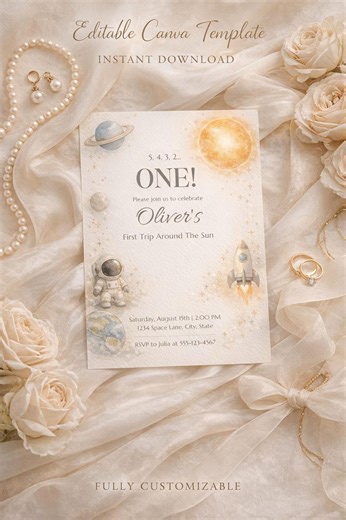 First Trip Around Sun Birthday Invitation, Space Astronaut Canva Template, 1st Birthday Invite, Digital Download - Etsy UK