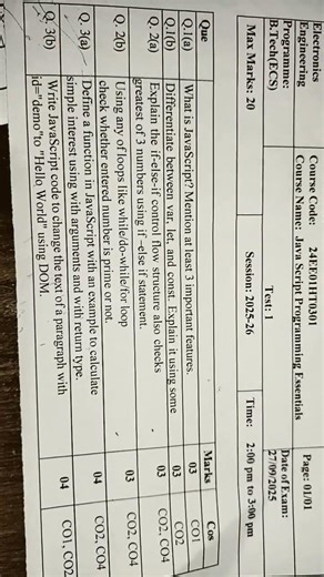 JAVASCRIPT PROGRAMMING TEST1 20 MARKS & 3 HRS TIME #trending #viral #shorts