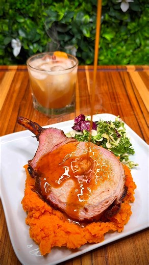 Michael Omar Perez on Instagram: "🍁 Rotisserie Rack of Pork with Apple Cider Bourbon Glaze 🔥 Cooked on: Kamado Joe Rotisserie 🍂 Wood: Applewood or pecan Apple Cider Bourbon Glaze: 1 cup apple cider 2 tbsp bourbon 2 tbsp Dijon 2 tbsp brown sugar 1 tbsp Bear & Burton’s W Sauce 1 tbsp apple cider vinegar 1 tsp fresh thyme 👉 Simmer until reduced by half + glossy. Brush on during the last 15–20 min. Drizzle more before slicing. Brown Butter Sweet Potato Mash: 3–4 sweet potatoes 4 tbsp butter (bro