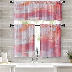 Pink Kitchen Curtains Abstract Oil Painting Window Curtains Valance and Tier Set 36 Inch, Contemporary Neutral Modern Rod Pocket Short Tier Curtain, Vintage Small Curtains for Kitchen Decor